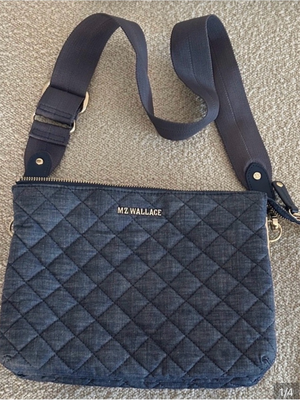 Rare MZ Wallace Quilted Crossbody in Dark Blue Denim with Gold Hardware